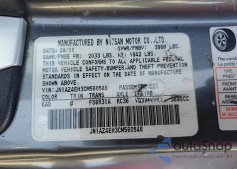 2012 Nissan 370Z Base from USA, damaged, VIN JN1AZ4EH3CM560546